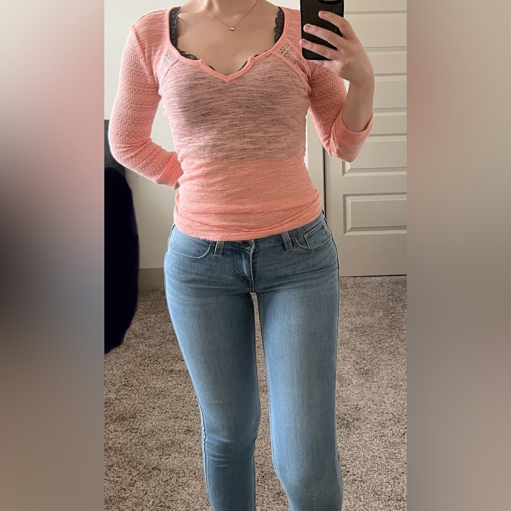 pink top sheer v-neck see-through blouse interesting 3/4 quarter length sleeve